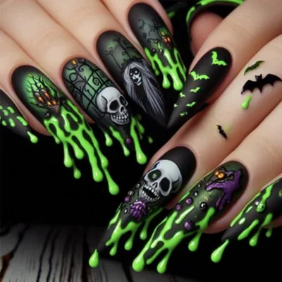 Immagine prodotto di Unghie finte a tema Halloween, con decorazioni di teschio e pipistrello, con colla per unghie, in ABS, colore nero e verde