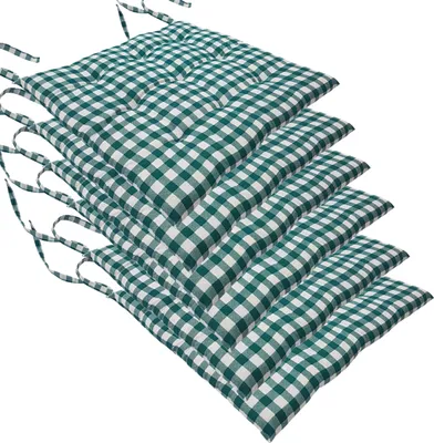 Produktbild von Stuhlkissen 40x40 cm ComfySeat - Sitzkissen mit Bändern / Schleife, 9-fache Steppung - Indoor & Outdoor, Farbe:Karo-Grün, Set:6er Set