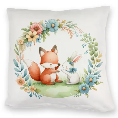 Produktbild von Fuchs und Hase mit Blumenkranz Kuschelkissen