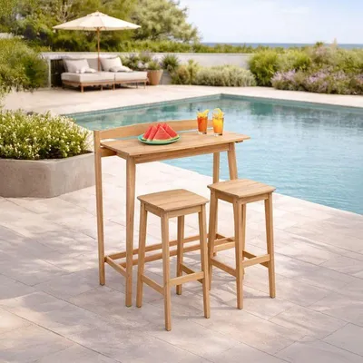 Image de Ensemble bar de jardin - ZANZIBAR - Bois d'Acacia- 1 table rectangulaire 44,5 x 100 x 112 cm - 2 tabourets 37 x 35 x 72 cm