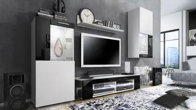 Produktbild von Vladon Wohnwand Movie, Anbauwand bestehend aus 1 TV-Board, 2 Vitrinen und 1 Regal, Weiß matt/Weiß matt/Schwarz Hochglanz, inkl. LED-Beleuchtung weiß (Gesamt: 300 x 190 x 39 cm)