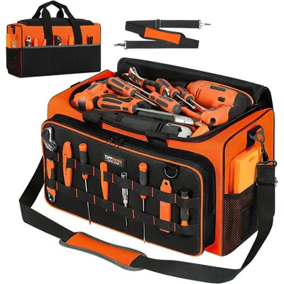 Obrázek produktu pro Nástrojová taška s 14 kapsami, rozměry 50 x 29 x 26 cm, vyrobená z odolné tkaniny 600D, černá a oranžová