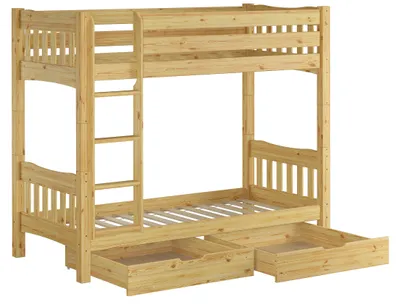 Produktbild von Etagenbett hohes Bett Kiefer natur Massivholz 90x200 cm Zubehör wählbar V-60.15-09Ni100 Rollrost und Doppelbettkasten inkl.