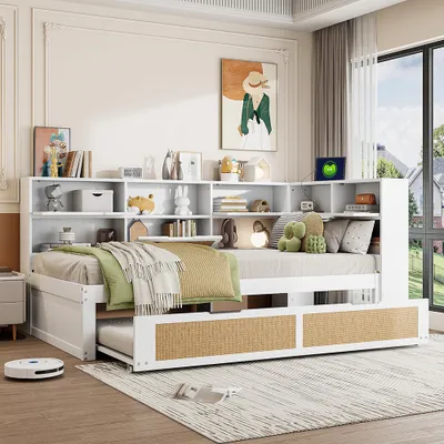 Image de Sweiko Canapé-lit 90x200 avec lit gigogne Lit simple Lit d'enfant avec de nombreux compartiments de rangement et prise de charge Blanc