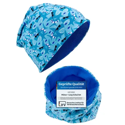 Produktbild von HECKBO Kinder Jungen Beanie Wintermütze & Schal Set mit Fleece-Futter - Wendemütze Hai Shark - 2-8 Jahren - 95% Baumwolle - weiches & pflegeleichtes Stretch-Material