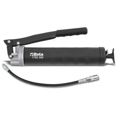 A black grease gun with a flexible hose attachment, shown against a white background.
