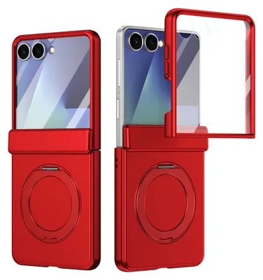 Produktbild von Magnetische Hülle für Samsung Galaxy Z Flip 8, mit Displayschutzfolie, Scharnierschutz mit Ringhalter und Ständer Rot