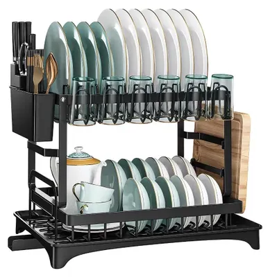 Obrázek produktu pro Odtoková mřížka na nádobí nad dřez - 2patrový sušák na nádobí, model B - Úsporný design - S odtokovou miskou - Nerezová ocel, černá barva