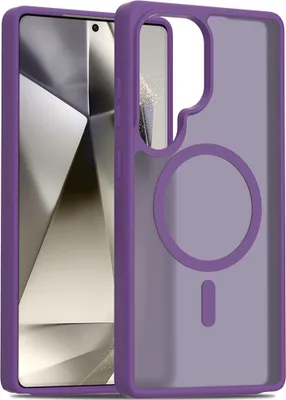 A purple phone case with a translucent matte back is shown, with a circular magnetic ring visible on the back.