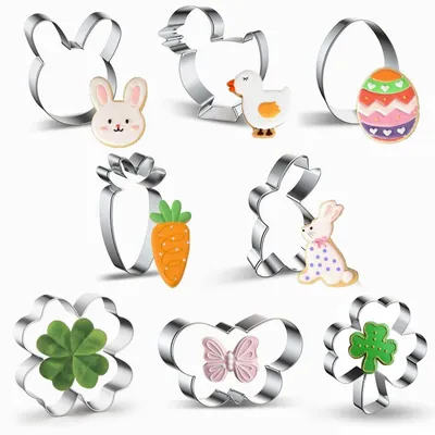 Image de Ensemble de 8 emporte-pièces pour Pâques, en acier inoxydable : lapin de Pâques, œuf, poussin, papillon