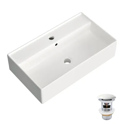 Productafbeelding van HOROW wastafel, 55 x 31 cm, met keramische pop-up afvoer, smalle rand, rechthoekig, hangende wastafel voor de badkamer, opzetwastafel met kraangat en overloop