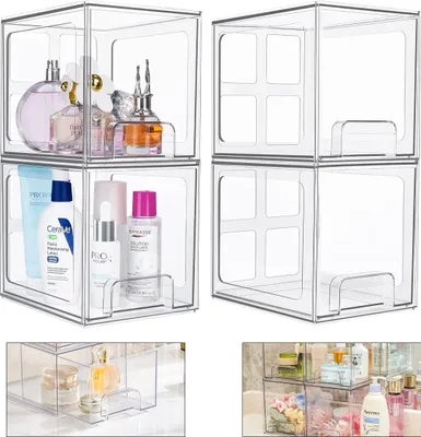 Produktbild von Aufbewahrungsbox Transparent, 4er Set, Stapelbar, Kosmetik Organizer, PET Boxen, Schubladen Organizer, Ordnung, Büro & Zuhause, Multifunktion