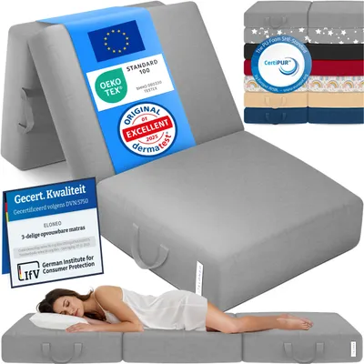 Productafbeelding van ELONEO Opklapbare matras, gastenmatras, 3-delige opvouwbare matras, extra dik schuim (15 cm), geschikt voor mensen met rugproblemen, opklapbaar, opvouwbare matras (grijs)