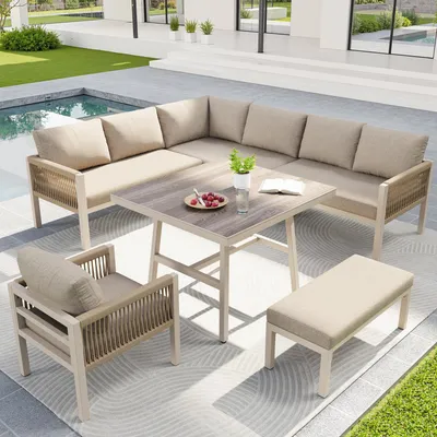 Produktbild von Flieks Gartenlounge-Set 6-tlg. aus verzinkter Stahlrahmen, Gartenmöbelset 8-9 Personen, Glastisch mit Marmoroptik, Terassenmöbelset Seil, Beige