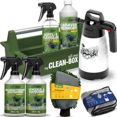 Produktbild von bio-chem Caravan & WoMo Außenpflege Premium Set 8-teilig – Wohnmobil Reinigungsset mit Schaumsprüher – für GFK, Acrylglas, Kunststoff, Dach & Markise – inkl. Waschhandschuh & Mikrofasertuch