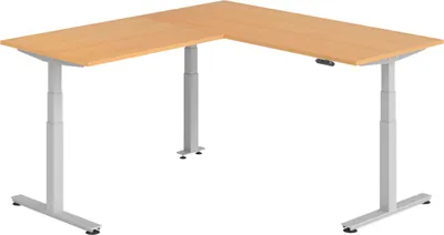 Produktbild von bümö Eckschreibtisch elektrisch höhenverstellbar L-Form - Gestell: Silber, Nachbildung: Buche, Größe: Eckschreibtisch 180 x 200 cm