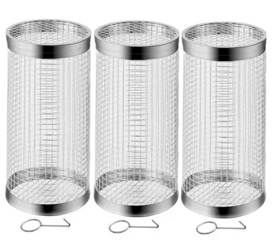 Produktbild von 3er Set Zylindrischer Grillkorb Rund aus Edelstahl mit 1x Haken | Rollendes Grillkorb für Gasgrill, Elektro- und Holzkohle-Grill | 20 x 9 cm Grillnetzrohr für Gemüse, Pilze Meeresfrüchte, Grillgemüse