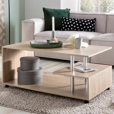 Zdjęcie produktu dla Stolik kawowy FineBuy Design, Sonoma, 105 x 48,5 x 60 cm, obrotowy, z kółkami, stolik do salonu, stolik kawowy, stolik do wypoczynku, drewniany, stolik kawowy z miejscem do przechowywania