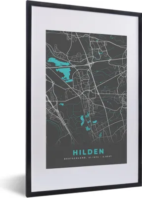 Produktbild von MuchoWow® Gerahmtes Poster Blau - Deutschland - Karte - Stadtplan - Hilden 40x60 cm - Poster mit Schwarzem Bilderrahmen Wandposter Rahmen Foto Bilder - Poster in Rahmen