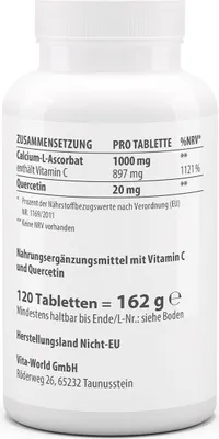 Zdjęcie produktu dla Vitaworld Witamina C 1000 buforowana + kwercetyna | 120 tabletek | łagodna dla żołądka | wysoka dawka | wegańska