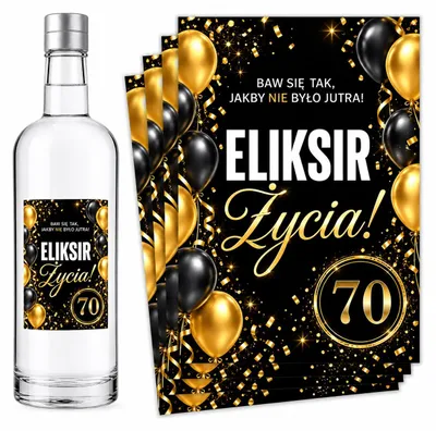 Obrázok produktu pre Etikety na fľaše – k 70. narodeninám – „Eliksir Życia” – čierna a zlatá – 8 ks