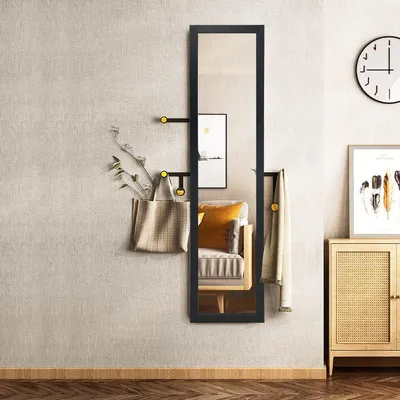 Zdjęcie produktu dla Lustro pełnowymiarowe 2 w 1 Lustro pełnowymiarowe z drewnianą ramą 37 x 155 cm czarne