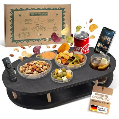 Produktbild von Couchbar Snackbox in schwarz mit 4 Glasschalen - Sofabar für Snacks und Getränke - Couchtabletts mit Getränkehalter - Sofa Butler - Couch Bar Snackbar
