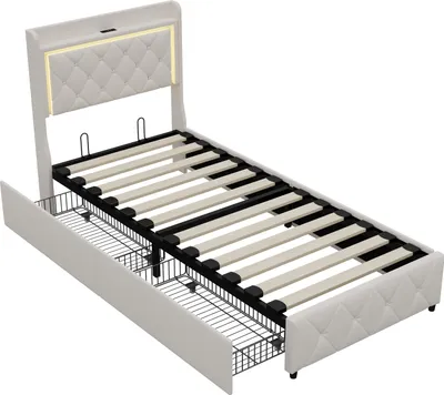 Image de Fortuna Lai Lit rembourré 90x200 cm, Lit d'enfant Lit d'adolescent Lit d'invité avec 2 tiroirs, LED, USB et sommier à lattes, Lit de rangement avec tête de lit et coffre de lit, Velours, Beige