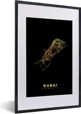 Produktbild von MuchoWow® Gerahmtes Poster Dubai - Stadtplan - Schwarz und Gold 40x60 cm - Poster mit Schwarzem Bilderrahmen Wandposter Rahmen Foto Bilder - Poster in Rahmen