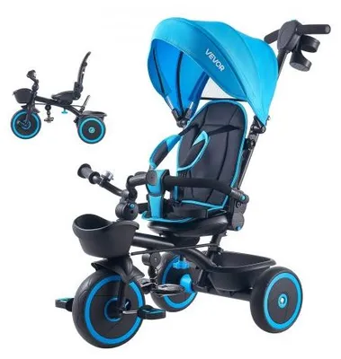 Produktbild von VEVOR Dreirad für Kinder von 1 bis 5 Jahren, Laufrad mit Schubstange, Klappbarem Verdeck, Verstellbarem Sitz und Aufbewahrungskorb, Kinderdreirad als Geschenk für Jungen und Mädchen, Blau+Schwarz