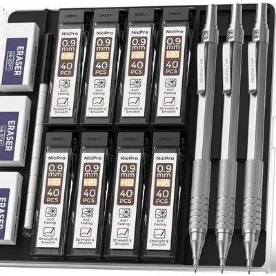 Immagine prodotto di Set di matite a grafite da disegno, punta 0,9 mm, corpo in metallo, 3 pezzi, con mine HB e gomma da cancellare, colore argento