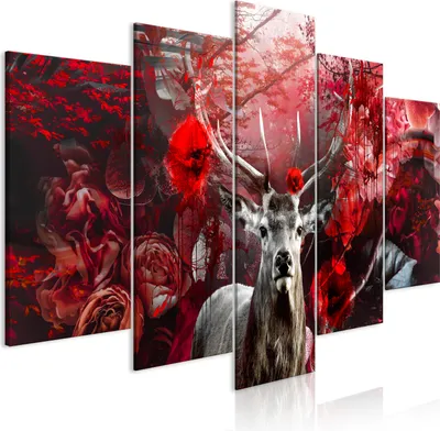 Image de Toiles 200 x 100 cm g-C-0334-b-m Toile intissé Toile 5 pièces Impression artistique moderne Tableaux muraux XXL Décoration murale Design Tableau mural CERF FLEURS