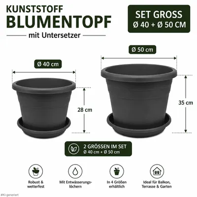 Produktbild von Kunststoff Blumentopf mit Untersetzer – Größe Ø 40 und 50cm - Farbe Anthrazit