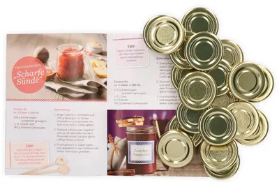 Produktbild von 20er Set Deckel TO43 37ml/53ml gold Schraubdeckel Sturzgläser mit Gummidichtung + Rezeptheft