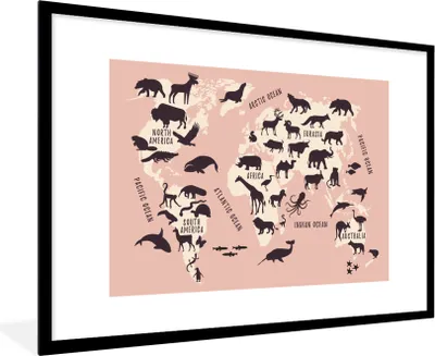 Produktbild von MuchoWow® MuchoWow® Gerahmtes Poster Weltkarte - Rosa - Tiere 90x60 cm - Poster mit zchwarzem Bilderrahmen - Wanddekoration - Fotos
