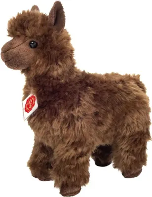 A brown plush alpaca toy is shown against a white background.
