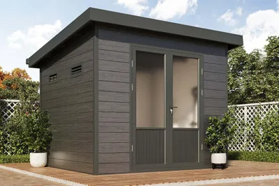 Produktbild von Finnhaus Wolff WPC Gerätehaus Nives 2724 28 Anthrazit/Hellgrau Gerätehaus aus Holz/Kunststoff in Anthrazitgrau, Geräteschrank mit 28 mm Wandstärke Gartenhaus