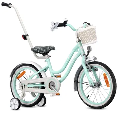 Obrázek produktu pro Kolo pro dívku 16 palců 4-6 let kolo s tréninkovými koly tlačné zařízení zvonek košík Heart Bike máta
