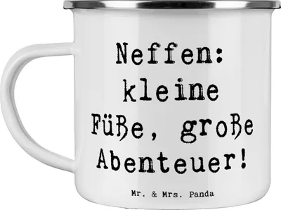 Produktbild von Mr. & Mrs. Panda Pott Spruch Neffe Abenteuer - Weiß - Geschenk, einzigartige Designs, Campingbecher, Emaille Tasse, Familienmitglieder, Familienleben, handgemacht, Becher