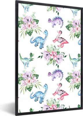 Produktbild von MuchoWow® Gerahmtes Poster Kinderzimmer - Farben - Dinosaurier - Kinder - Rosa - Kinder 60x90 cm - Poster mit Schwarzem Bilderrahmen Wandposter Rahmen Foto Bilder - Kunst