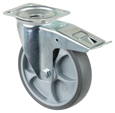 Produktbild von BS Rollen Transportrolle, Lenkrolle mit Totalfeststeller, Rad-Ø 200 mm, Tragf. 220 kg, Gummi , Bauhöhe 235 mm, Rollenlager