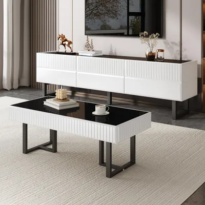 Produktbild von okwish Moderner Couchtisch Wohnzimmertisch mit hochglänzende Tischplatte,Kaffeetisch Beistelltisch mit Eisengestell,Sofatisch in Schwarz-Weiß