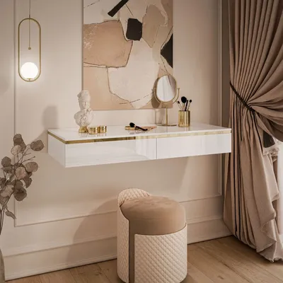 Produktbild von Hängender Konsolentisch PEONY weiß Hochglanz gold Schminktisch mit Schubladen Kosmetiktisch Konsole