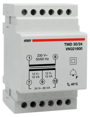 Produktbild von VEMER VN321600 TMD 30/24 - Klingeltrafo für Hutschienen, Trafo mit Primärspannung 230V, Sekundärspannung 12-24V und Leistung 30VA, Weiß