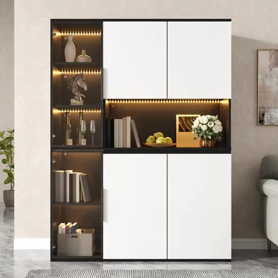 Produktbild von Hochschrank Vitrine Highboard Anrichte Glaselemente, integrierte LED-Leuchten MDF-Korpus, geräumiger Stauraum Esszimmerschrank Wohnzimmerschrank