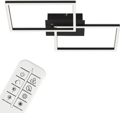 A modern LED ceiling light with two rectangular frames and a remote control.