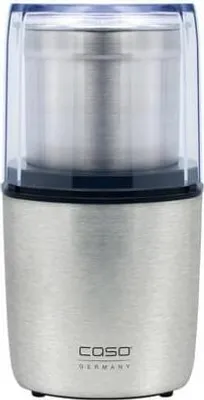 A close-up studio shot of a stainless steel coffee grinder.