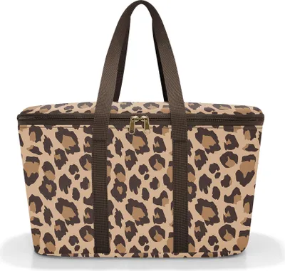 A leopard print cooler bag with brown handles and zippers, shown against a white background.
