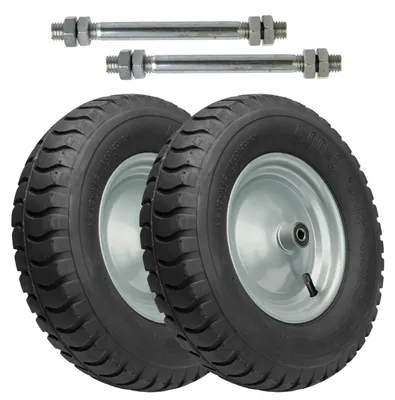 Produktbild von Garronda 2er Pack Ersatzrad Schubkarre 4.80/4.00-8 Schubkarrenrad Ø 405 mm Luftreifen 8PR Reifen bis 180 kg mit Achse Stahlfelge Kugellager für Gartenwagen Hof Baustelle GD-0163, Schwarz-Silber