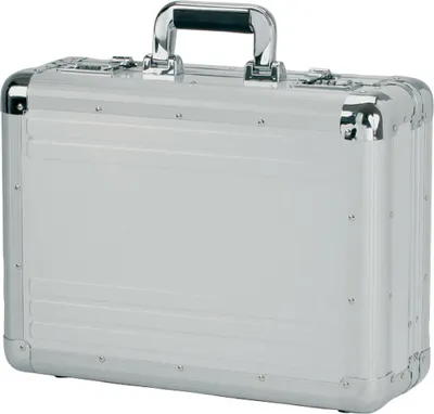 A silver aluminum attaché case with a black handle.